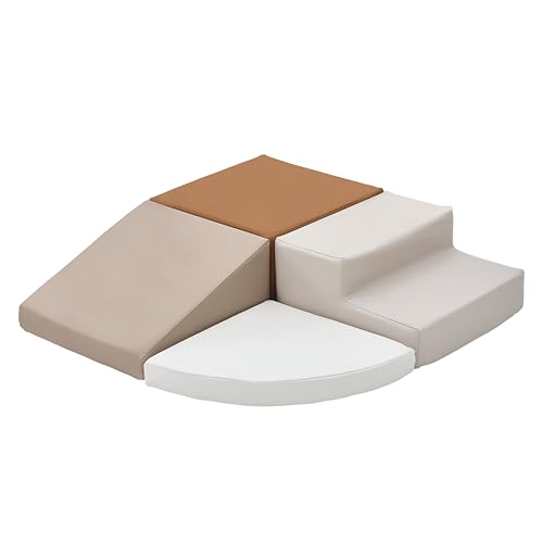 Image of Sumbababy Toddler Climbing Toys Indoor 4 Piece Leather Foam Climbing Blocks for Babies Easy Clean Soft Play Set for Crawling Climbing and Sliding Nursery Playroom Living Room Neutral