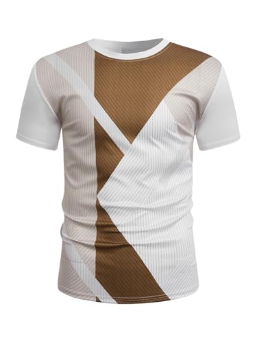 Floerns Camiseta de manga corta con cuello redondo para hombre, diseño de bloques de color, informal, para vacaciones, Blanco y marrón, X-Large