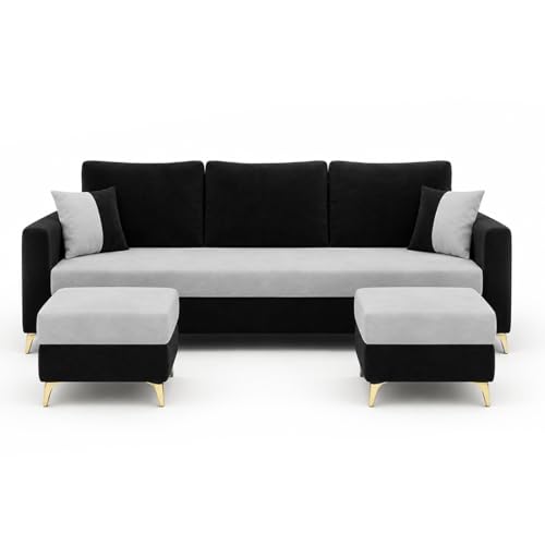 Image of Classiq Rich 5 Seater L Shape Sofa Set with 2 Movable Ottomans | Flexible Layout | Rich Velvet Suede Fabric | Silver Legs | Dual Tone Modern Sofa for Living Room (Black-Light Grey)