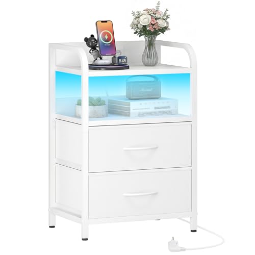 HOOBRO Table de Chevet avec 2 Tiroirs, Table d’Appoint avec Station de Recharge 1 AC, 1 USB-A, 1 Type-C, Bande LED Réglable, Structure Métallique, pour Chambre,...