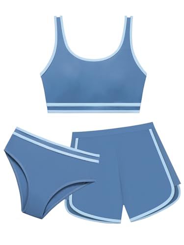 Girl 3 Piece Swimsuits Bathing Suit High Waist Color Block Bikini Set with Shorts Swimwear for Size 9-14 Years