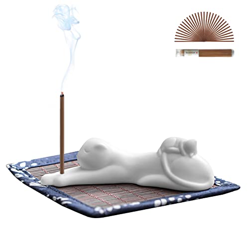 Essen Life Incense Holder Handmade Ceramic Incense Burner With 30 Sandalwood Insence-Stick Holder With Bamboo Mat, Cute Lazy Cat Decor Incense Holder For Sticks For Aromatherapy/Yoga/Meditation/Home #TOP11
