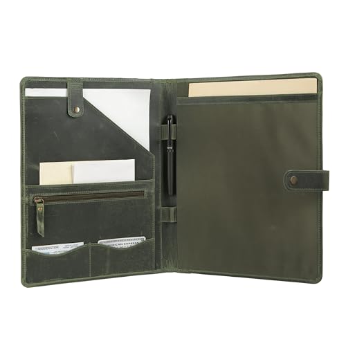 Image of KomalC Leather Portfolio Folder with Button Closure | Business Padfolio for Professionals | Vintage Organizer with Legal Pad Holder, Card Slots & Document Pockets (Green)