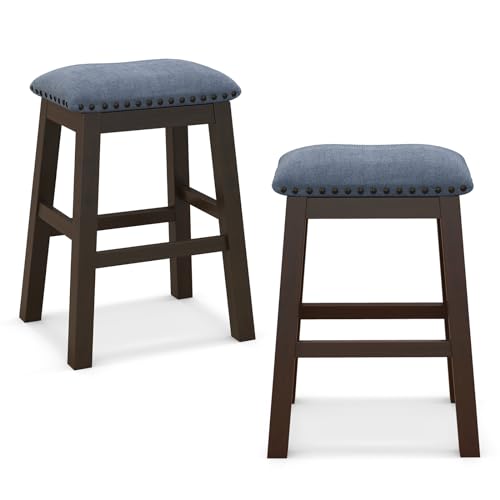 COSTWAY Bar Stools Set of 2/4, Upholstered Saddle Stools with Rivet-Tufted Design, Footrest, Rubber Wood Legs & Anti-slip Foot Pads, Counter Height Breakfast Kitchen Stool for Home Dining Room Pub (2)
