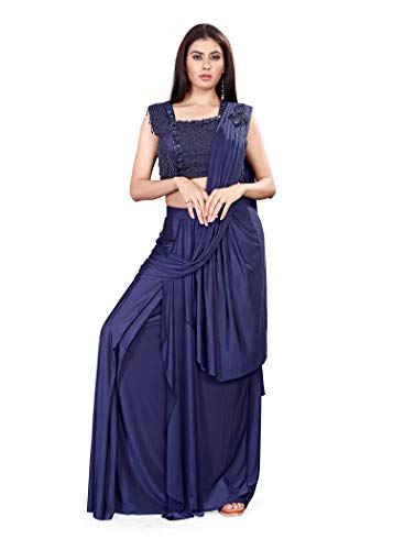 Sari indien drapé lycra de luxe bleu chemisier perlé confection 3XL