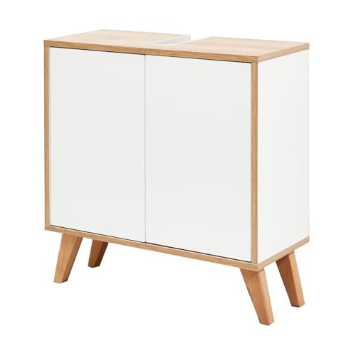 BadeDu Minho Waschbeckenunterschrank – 60 cm breit in Braun hell/Weiß, Modernes Badezimmermöbel-Set im skandinavischen Stil – Made in Germany