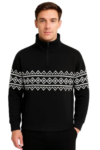 Image of Men's Premium Quarter Zip Sweatshirt - Long Sleeve Pullover Cotton Blend Jumper Sizes S-3XL (UK, Alpha, L, Regular, Regular, Jet Black/White)