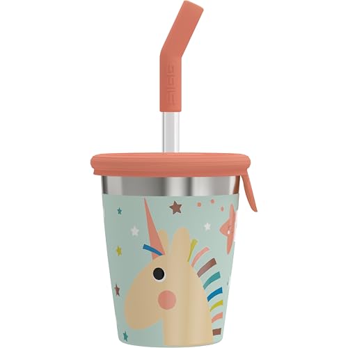 Sigg - Edelstahl Trinkbecher mit Deckel und Strohhalm - Kinderbecher mit Silikondeckel & Tritan Strohhalm - Schwappsicher - BPA-frei - Leicht & Robust - Einhorn - 0 35L