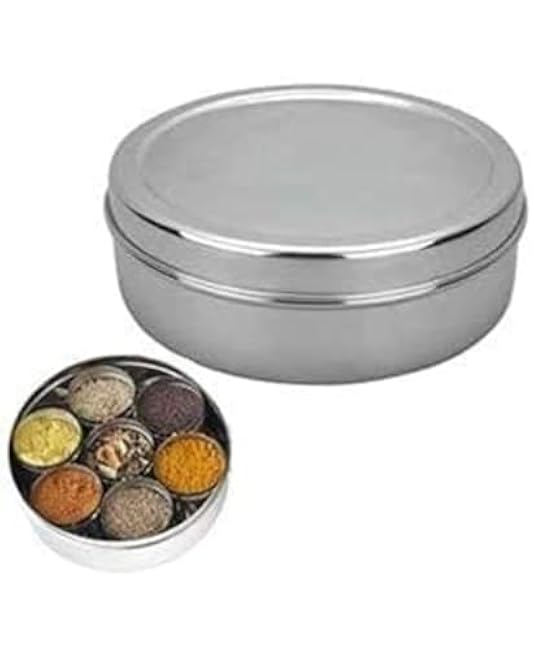 Stainless Steel Spice Box, 7 Compartments, with Measuring Spoons, Silver,Masala Spice Box,Masala Dabba