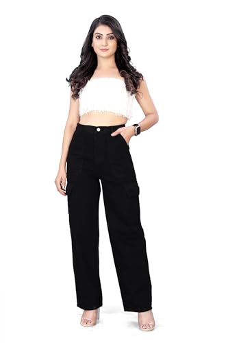 Image of ELLITI Women's 6 Pocket Regular Fit High Rise Relaxed /Boyfriend Fit, Wide Leg, Bell Bottom, Pure Denim Ankle Length Jeans Pants