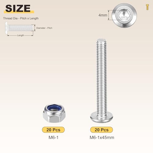 Image of METALLIXITY Crib Screws Replacement Set(M6-1x45) 40Pcs, Silver Tone, 304 Stainless Steel Hex Socket Screws with Lock Nuts - for Furniture Woodworking Project, Silver Tone