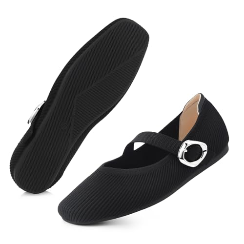 Women's Mary Jane Flats Shoes Square Toe Ballet Flats Comfortable Dressy Knit Flats with Strap Slip On Washable Casual Office Shoes4