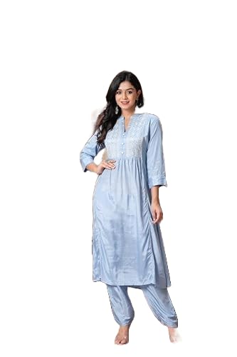 SIDDHANAMWomens Santoon Straight Embroidered Kurta Suit Set with Dupatta & Plazoo for. Women & Girls