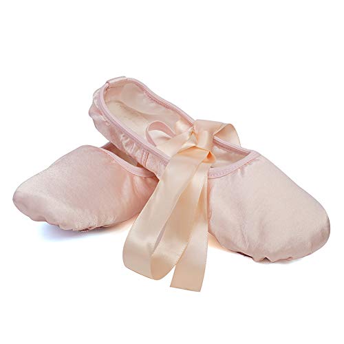 JUODVMP Girls Ballet Dance Shoes Satin Slippers Gymnastics Flats Split Sole with Ribbon,Model TJBLDM2