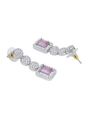 Image of ASMITTA Jewellery Rhodium-Plated Square American Diamonds Studded Pendulous Necklace with Earrings Jewellery Set for Girls Womens