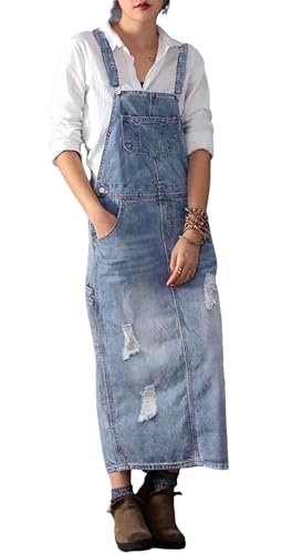 Image of loveimgs Women Distressed Denim Overall Dress Bib Long Jean Jumper Ripped Adjustable Straps Patchwork Pinafore Dress
