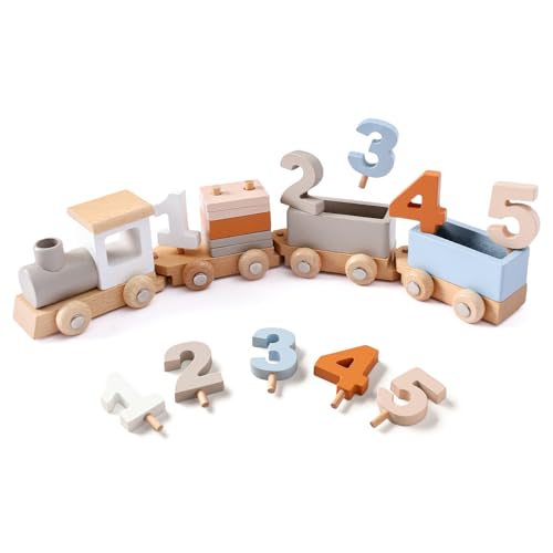 Image of Samonyed Wooden Train Set for Toddler Toys 14pcs Montessori Train Toy Set for Baby 3-5 Years Wooden Train Cars with 1 2 3 4 5 Numbers & Blocks Birthday Gift for Boys Girls