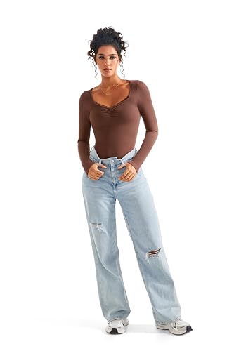 Image of SUUKSESS Women Sweetheart V Neck Long Sleeve Tops Lace Trim Ribbed Modal Fall Going Out Shirts