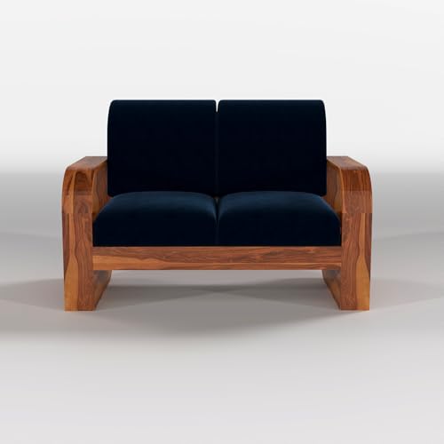 Image of Solid Sheesham Wooden 6 Seater Sofa Set with Coffee Table with Blue Cushion for Living Room Furniture - Honey Finish (3+2+1)