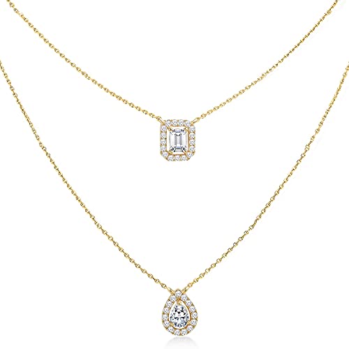 MINUTIAE layered necklace With Pear & Square Cut Diamond Pendant Necklace With Austrian Cubic Zirconia Diamond For Women And Girls With Extendable Chain Fashion Jewelry