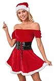 Khanda Christmas Outfits for Women Off Shoulder Velvet Sexy Santa Dress Outfit 3PCS Mrs Claus Costume with Santa Hat (Red, Small)