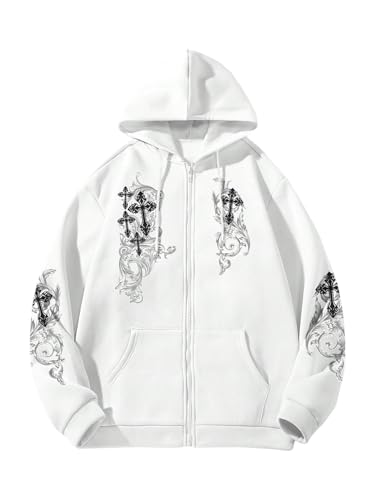 Floerns Men's Gothic Cross Print Long Sleeve Fashion Hoodies Sweatshirts Zip Up Street Hoodie Jacket