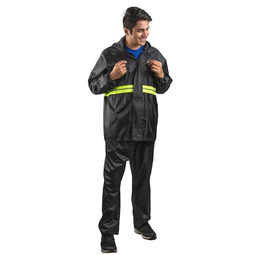 Bloomingdale Rain Coat For Men & Women Waterproof Bike Raincoat For Men With Pant Set Reflective Raincoat For Women, Boys & Girls Adjustable Top And Bottom Rain Coat For Women With Bag - Black