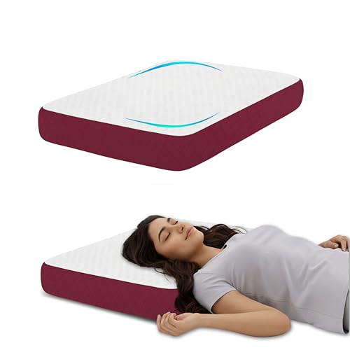 Image of High Density Shredded Memory Foam Pillow, 60x38x10 cm Orthopedic Neck Relief, White /Maroon Geometric Jacquard Case, Aligned Spine Bedding for Side and Back Sleepers, Support Tool