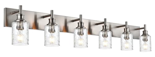 Image of 6 Lights Brushed Nickel Bathroom Vanity Light, Hammered Glass Shade | Modern Bathroom Lighting Fixtures over Mirror, Metal Finish Vanity Wall Sconce, E26 Base, for Bedroom Living Room Hallway