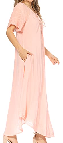Image of Sakkas Egan Long Embroidered Caftan Dress /Cover Up with Embroidered Cap Sleeves