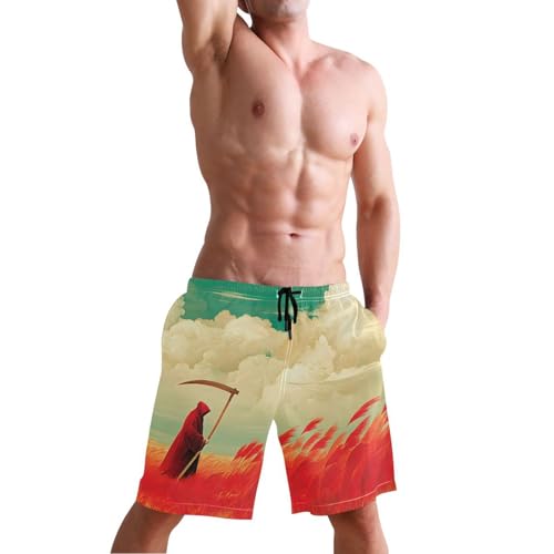 Men's Swim Trunks Grim Reaper Red Print, Quick Dry Beach Board Shorts with Lining-S4