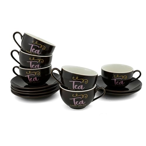 Image of Hitkari Porcelain Cup Saucer Set of 6 For Tea 220 Ml 6 Cups & 6 Saucers | 12 Piece Tea Coffee Set |Copper-Wash Cup & Saucer Sets Premium Royal Design |Elegant Glossy Finish Microwave & Dishwasher Safe