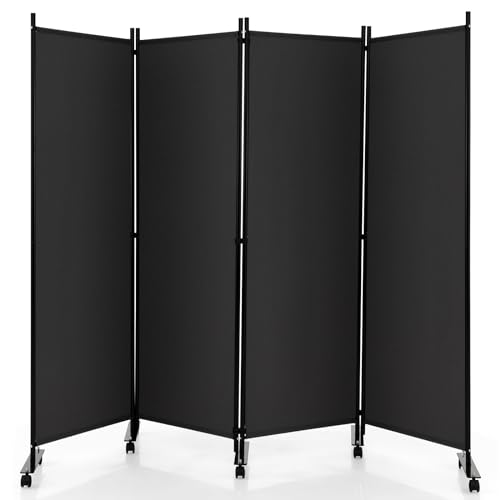LIFEZEAL Biombo Plegable de 4 Paneles para Interior y Exterior, Divisor de Pie con 10 Ruedas, Pared Tabique, Estructura Metálica, Protección de la Intimidad, Separador de Espacios (Gris)