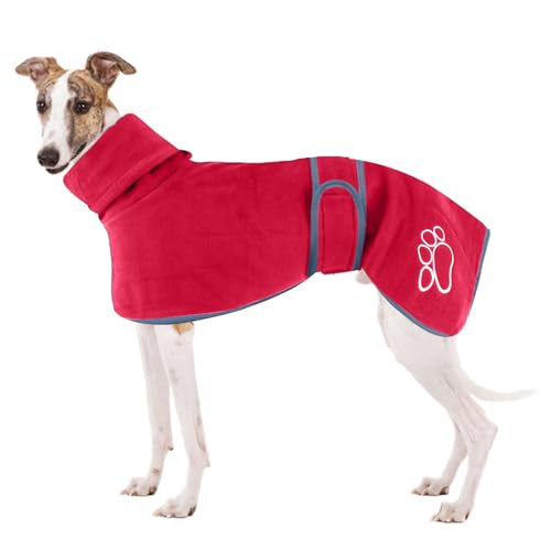Greyhound Fleece Coat, Whippet Coats, Lurcher Cosy Fleece Jumper, Whippet Jumper, Greyhound Winter Coat, Dog Jacket Coat with Warm Fleece Lining and Adjustable Bands for Salukis (M, Red)