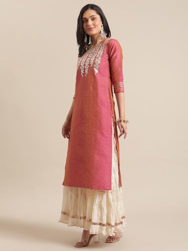Image of Varanga Women Blue Floral Printed Round Neck with Placket Embellished with Sequin and Tassel, Straight Kurta with Three Quarter Sleeves