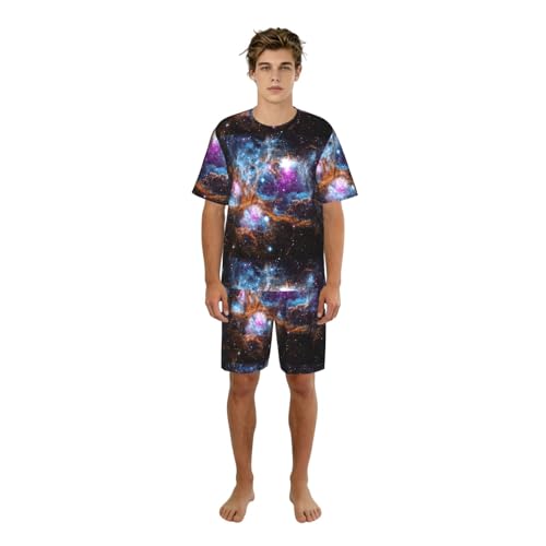 Pijama de dos piezas para hombre con diseño de espacio y pantalón corto con bolsillos
