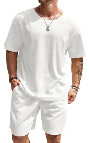 Vssjavun Mens Short Sets 2 Pieces Outfits Waffle Knit Lounge Set Short Sleeve Summer Casual Tracksuit