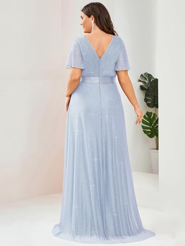 Image of Ever-Pretty Plus Women's Glitter Formal Dress Evening Gown for Gala V-Neck Short Sleeve Floor Length Plus Size Prom Dresses