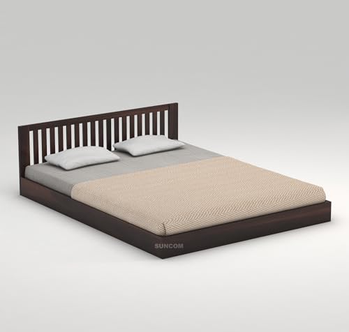 Image of SUNCOM Wooden Low Height Queen Size Bed Without Storage - Wooden Platform Double Bed - Space Saving Low Floor /Lying /Rise /Level /Profile Cot Bed for Bedroom - Basic Headboard (Walnut Finish)