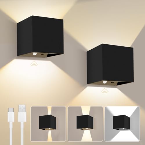 Image of ALUSSO Battery Wall Sconces Set of 2 with Motion Sensor, Rechargeable 4000mAh Wall Lights Dimmable, 3 Colors Adjustable Beam Angle Lamp, Wireless Up Down Night Light for Stairway, Hallway, Black