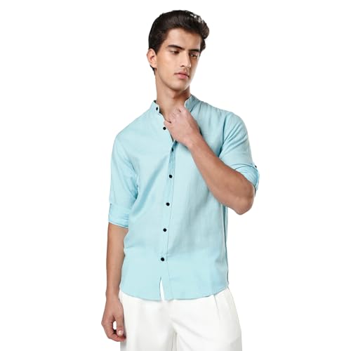 Image of Urbano Fashion Men's Linen Blend Full Sleeve Relaxed Fit Mandarin Collar Casual Solid Shirt