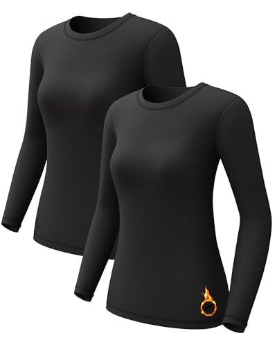 Long Sleeve Thermal Tops for Women Base Layer Ladies Vest Shirts Thermal Underwears Inner Wear Warm Ski Hiking Clothing 2pc Black-Black M