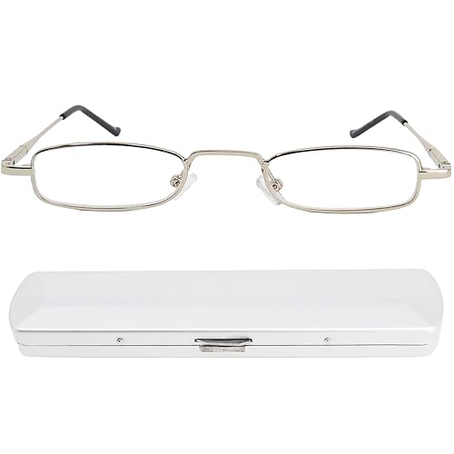 Mini Brille - Lunettes de Lecture Transparent en Métal, Monture en Acier Inoxydable (Argent), Boite Lunette Mince en Aluminium Inclus, Lunette Homme et Femme + 2.5 Dioptrie