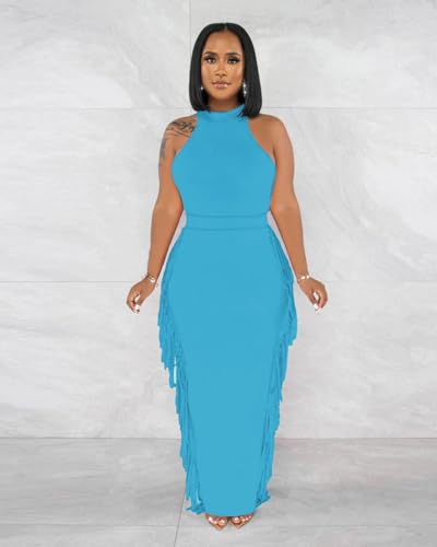 Image of 2 Piece Outfits for Women Sexy Halter Neck Sleeveless Crop Tops Ruched Bodycon Dresses Jumpsuits Fringe Skirt Sets