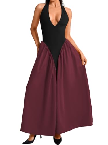 Image of ChiaoLezhee Deep V Neck Dress, Halter Maxi Dresses, Vacation Date Night, Sexy for Women Corset Flowy Wedding Guest Drop Waist