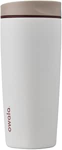 Owala SmoothSip Slider Insulated Stainless Steel Coffee Tumbler, Reusable Iced Coffee Cup, Hot Coffee Travel Mug, BPA Free 20 oz, Tan/White (Vanilla Bean)