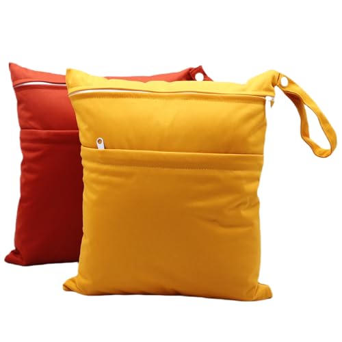 Asenappy 2pcs Cloth Diaper Wet Dry Bags Waterproof Reusable with Two Zippered Pockets Travel Beach Pool Daycare Soiled Baby Items Yoga Gym Bag for Swimsuits or Wet Clothes (3036-2-ginger)