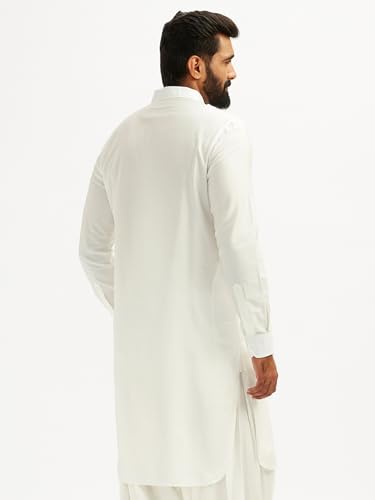 Image of VASTRAMAY Men Solid Cotton Pathani Kurta with Shirt Collar and Full Sleeves White | Festive Ethnic Outfit