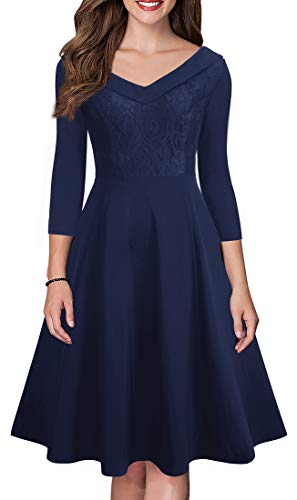 VELJIE Women's 1950s Style Lace V Neck Bridesmaid Cocktail Party Dress (Navy Blue, 6)