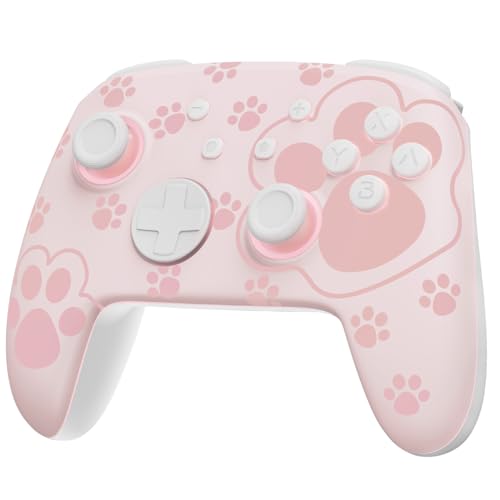 PALPOW [Luminous Pattern] Switch Pro Controller Compatible with Nintendo Switch/OLED/Lite, Firefly Switch Controller Wireless Gamepad with 7 LED Colors/Paddle/Turbo, Cat Paw Pink